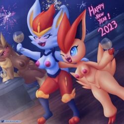 2023 alcohol anthro beverage blubluumon blush breasts champagne cinderace closed_eyes container cup fangs female fireworks generation_4_pokemon generation_5_pokemon generation_8_pokemon genitals group happy hi_res legendary_pokemon legs_up lopunny night nintendo nipples one_eye_closed open_mouth pokémon_(species) pokemon pokemon_(species) pussy smile teeth tongue trio victini wings wink