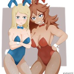 2girls black_clover blonde_hair blush breasts bunny_ears bunny_girl bunnysuit charlotte_roselei female female_only fishnets mereoleona_vermillion multiple_girls red_hair