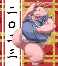 2023 anthro asian_clothing belly big_belly blush bulge chinese_new_year chinese_zodiac clothing east_asian_clothing fundoshi holidays japanese_clothing kemono lagomorph leporid male mammal new_year overweight overweight_male rabbit solo tolsche tongue tongue_out underwear white_clothing white_fundoshi white_underwear year_of_the_rabbit