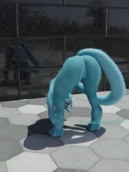 3d_(artwork) anthro anus ass bananastheleech bent_over blue_body blue_fur digital_media_(artwork) felid female fur genitals hi_res holding_both_ankles holding_both_legs inner_ear_fluff kraft_trio mammal nude outside presenting presenting_hindquarters presenting_pussy public public_nudity pussy reflection solo tail tail_aside tuft white_inner_ear_fluff