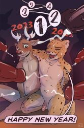 absurd_res bodily_fluids bukkake cheetah cum deer english_text felid feline felix_(kam) genital_fluids hi_res holiday_message holidays kam male male/male mammal new_year non-human text