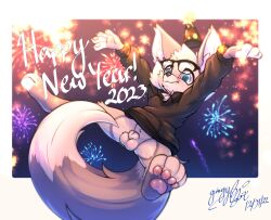 animal_genitalia anthro balls blush bottomless canid canine clothed clothing embarrassed exposed eyewear falling fireworks fox freckles fully_sheathed fur genitals gingy_(gingy_k_fox) gingy_k_fox glasses grey_body grey_fur holidays hoodie male mammal new_year sheath solo text topwear