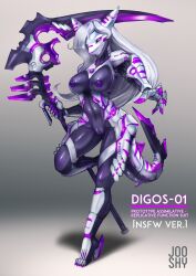 2017 5_fingers anthro black_sclera breasts clothing cybernetics cyberpunk digos digos-01 english_text evil_grin female fin fingers fish footwear genitals glowing glowing_eyes grey_background hair hi_res high_heels holding_object holding_scythe holding_weapon jooshy living_clothing machine marine markings medium_breasts multicolored_body nipples nude purple_body purple_eyes purple_markings purple_nipples purple_pussy pussy robot shadow shark sharp_teeth simple_background smile solo tail tail_fin teeth text two_tone_body weapon white_body white_hair