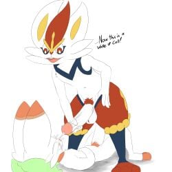 anthro ball_tuft balls blush bodily_fluids buckteeth cinderace cum cum_on_face cumshot dialogue duo ejaculation erection generation_8_pokemon genital_fluids genitals hi_res lagomorph leporid male male/male mammal masturbation nintendo open_mouth penis pokémon_(species) pokemon pokemon_(species) pubes rabbit scorbunny size_difference sleeping teeth tuft twerpishimp waking_up