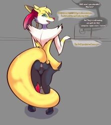 absurd_res anthro anus apple_inc. ass backsack balls braixen computer english_text femboy gender_confusion generation_6_pokemon genitals grey_(dgbraixen) hi_res jarlium male male_only mistaken_identity nintendo pokémon_(species) pokemon pokemon_(species) shaded solo tail tail_around_leg text