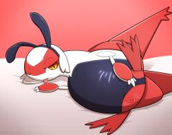 anus bodily_fluids clothed clothing female generation_3_pokemon genital_fluids genitals hi_res latias legendary_pokemon looking_at_viewer lying nintendo pokémon_(species) pokemon pokemon_(species) pussy pussy_juice red_body riso_bianca solo tongue tongue_out white_body yellow_eyes
