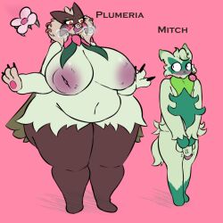 2022 3_fingers anthro areola belly big_areola big_breasts blush breasts character_name claws duo embarrassed_nude_male english_text erection felid feline female fingers floragato fur generation_9_pokemon genitals green_body green_fur inverted_nipples larger_female light_body light_fur male male/female mammal meowscarada mitch_(plantedpot) navel nintendo nipples nude nude_female nude_male overweight overweight_anthro overweight_female penis pink_nipples plantedpot plumeria_(plantedpot) pokémon_(species) pokemon pokemon_(species) pokemon_sv size_difference smaller_male text