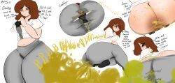 1boy 1girls amputee aphrodite_(melissaalli) ass ass_cleavage ass_crack below_view big_ass big_butt blush brown_eyes brown_hair butt_crack closed_eyes english_text fart fart_cloud fart_fetish farting female giantess grey_pants looking_back male melissaalli missing_arm oc original original_character pants_down rear_view shoulder_length_hair sitting sitting_on_person smaller_male smile sweat sweaty_ass sweaty_butt text thick_thighs tiny viewed_from_below
