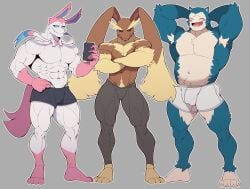 2022 abs absurd_res anthro anthrofied armpit_hair barazoku barefoot belly biceps big_bulge big_ears big_muscles blush body_hair bottomwear bulge cellphone claws clothed clothing crossed_arms detailed_bulge eeveelution eyebrows feet fur generation_1_pokemon generation_4_pokemon generation_6_pokemon grey_background group hand_behind_head hand_on_hip happy_trail hi_res holding_object holding_phone long_ears looking_at_viewer lopunny male male_only manly musclegut muscular muscular_anthro muscular_male muto20002 narrowed_eyes navel nintendo obliques open_mouth open_smile pants pecs phone plantigrade pokémon_(species) pokemon pokemon_(species) pubes quads ribbons simple_background smartphone smile snorlax standing sylveon teeth thick_thighs tight_bottomwear tight_clothing tight_pants tongue topless topless_anthro topless_male trio tuft underwear