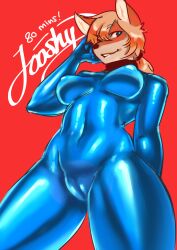 2017 5_fingers anthro black_collar blonde_hair blue_bodysuit blue_eyes blue_latex blue_rubber blue_rubber_suit bodysuit breasts camel_toe canid canine clothing collar english_text female fingers fox fur glistening_rubber hair hi_res janice_brooks jooshy latex latex_clothing mammal medium_breasts nipple_outline orange_body orange_fur red_background rubber rubber_clothing rubber_suit simple_background skinsuit solo standing text thick_thighs tight_clothing