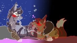 2girls blush dark_forest feline feral feral_on_feral frecklewish_(warriors) ghost heart imminent_oral leafpool_(warriors) licking_penis nervous satanistdove(artist) starclan warriors_(cats) yuri