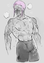 alternate_hair_length blush breath bulge crazy_eyes drooling erection erection_under_clothes facial_scar fist_of_the_seeker kengan_(series) kengan_ashura kengan_omega ktktgsknnd kureishi_mitsuyo looking_at_viewer male male_only muscular muscular_male pink_hair sidelocks smile solo spot_color sweat topless topless_male veiny_muscles wet_skin