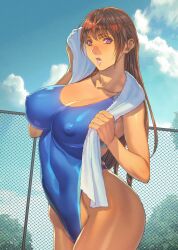 blue_swimsuit brown_hair competition_swimsuit covered_nipples female homare_(fool's_art) huge_breasts large_breasts original_character purple_eyes swimsuit towel towel_around_neck