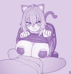 1boy 1girls bent_over big_breasts cat_ears cat_pasties cat_tail catgirl covered_nipples ekz fangs hololive hololive_gamers hololive_japan monochrome nekomata_okayu nekomimi paizuri pasties purple_background purple_theme virtual_youtuber