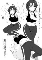 ahoge akazawa_fuyuki blush idolmaster idolmaster_(classic) kikuchi_makoto makoto_kikuchi monochrome short_hair sports_bra sweat sweaty tomboy working_out