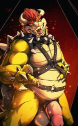 accessory anthro balls bowser bracelet claws cock_ring collar eyebrows flaccid genitals hair harness harness_only hi_res horn jewelry koopa looking_at_viewer male male_only mario_(series) mostly_nude mrjimmydafloof nintendo open_mouth overweight overweight_male penis penis_accessory penis_jewelry red_eyes red_hair scales scalie sharp_teeth shell solo spiked_bracelet spiked_collar spiked_shell spikes spikes_(anatomy) teeth thick_eyebrows thick_penis yellow_body yellow_scales