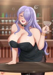 1girls 2023 alcohol azure_monarch bar breasts camilla_(fire_emblem) choker cleavage dress drunk female female_only fire_emblem fire_emblem_fates glass hair_over_one_eye huge_breasts long_hair looking_at_viewer nail_polish new_year nintendo open_mouth pantyhose purple_eyes purple_hair purple_nails smile solo very_long_hair