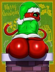 2022 anthro ass big_butt bodily_fluids bottomless bottomless_male bubble_butt candy candy_cane chimney christmas christmas_clothing christmas_headwear christmas_present clothed clothing costume demon denum_(sillygoose) dessert digital_drawing_(artwork) digital_media_(artwork) embarrassed food green_eyes hat head_markings headgear headwear hi_res holidays holly_(plant) huge_butt imp male male_only markings plant presenting presenting_hindquarters red_body santa_hat short_stack shortstack sillygoose sitting solo solo_focus stuck sweat tail tail_markings tail_motion thick_thighs wide_hips