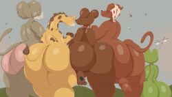 absurd_res amphibian anthro ass baboon bear bloocherrypie clothing female frog giraffe giraffid group haplorhine hi_res kangaroo macropod male mammal marsupial monkey nude old_world_monkey primate the_magic_hat thick_thighs toad_(frog)