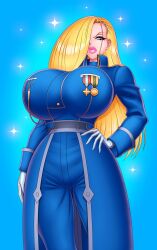 1girls akiranime amestris_military_uniform angry angry_face angry_look bakunyuu big_lips bimbo bimbo_body bimbo_lips blank_background blonde_eyebrows blonde_female blonde_hair blonde_hair_female blue_background blue_eyes blue_eyes_female blue_jacket blue_pants blue_uniform bursting_breasts cleavage dominant dominant_female enormous_breasts eye_contact female_focus female_soldier fullmetal_alchemist fullmetal_alchemist_brotherhood fully_clothed fully_clothed_female general gloves hair_covering_one_eye hair_over_one_eye hand_on_hip handwear huge_breasts lips lipstick long_blonde_hair long_hair long_hair_female looking_at_viewer massive_breasts medals military military_clothing military_jacket military_medal military_pants military_uniform olivier_mira_armstrong one_eye_covered pink_lips pink_lipstick plain_background puckered_lips serious serious_face serious_look shiny_hair shiny_skin simple_background soldier solid_color_background solo solo_female sparkles sparkling_background standing standing_female strong_woman thick_lips top_heavy top_heavy_breasts v-shaped_eyebrows voluptuous voluptuous_female white_gloves white_handwear