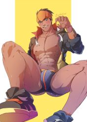 blushing bulge evinist horny_male jockstrap looking_at_viewer male male_only melanin muscles muscular muscular_male open_jacket pokemon pokemon_ss raihan_(pokemon) spread_legs