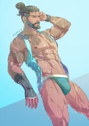 bulge east_asian east_asian_male evinist hanzo hanzo_shimada jockstrap male male_only muscles muscular muscular_male overwatch smooth_chest smooth_skin tattoos wave_hanzo wet