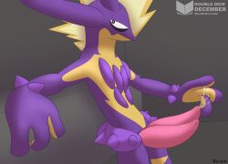 2_penises 3_fingers amped_toxtricity animal_genitalia animal_penis anthro bedroom_eyes biped bodily_fluids countershading diphallia diphallism fingers generation_8_pokemon genital_fluids genital_slit genitals hemipenes hi_res looking_at_viewer male male_only markings multi_genitalia multi_penis narrowed_eyes nintendo penis pink_penis pokémon_(species) pokemon pokemon_(species) precum precum_on_hand precum_string presenting presenting_penis purple_body purple_markings purple_scales scales scalie seductive signature simple_background slit solo spikes spikes_(anatomy) standing toxtricity varium watermark yellow_body yellow_countershading yellow_scales