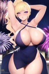 1girls ai_generated armpits arms_behind_head arms_up artist_self-insert big_breasts big_thighs blonde_hair blue_eyes breasts busty cleavage clothed clothed_female clothes clothing curvaceous curvy curvy_body curvy_female curvy_figure dress eyeliner eyeshadow female female_focus female_only fireworks hips huge_breasts large_breasts large_thighs legs light-skinned_female light_skin long_hair looking_at_viewer makeup nai_diffusion ponytail queen_dee queen_dee_(character) solo solo_female solo_focus stable_diffusion thick thick_thighs thighs voluptuous wide_hips