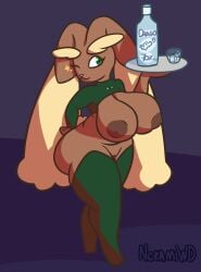 absurd_res alcohol anthro areola ass beverage big_breasts big_butt breasts brown_areola brown_nipples clothed clothing costume female generation_4_pokemon hi_res huge_breasts huge_butt lopunny nintendo nipples nokamiwd pokémon_(species) pokemon pokemon_(species) reverse_bunny_costume short_stack shortstack simple_background slightly_chubby slightly_chubby_female smile solo thick_thighs wide_hips