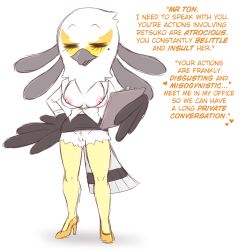 accipitriform aggressive_retsuko anthro avian beak beauty_mark bird bottomwear breasts clipboard closed_eyes clothed clothing english_text feathers female footwear genitals hand_on_hip hi_res high_heels ineffective_clothing inviting miniskirt mootcookie_(artist) nipples no_underwear pussy sanrio secretary_bird secretary_washimi skirt smooth_fur suggestive_dialogue text white_body white_feathers