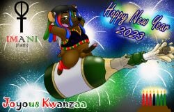 alcohol alcoholic_drink amateurcooper amateurcooper_(character) anthro balls beverage bottomless candle champagne clothed clothing dreadlocks erection eulipotyphlan eyewear fireworks genitals glasses hedgehog hi_res holidays kwanzaa legwear male mammal new_year new_year_2023 penis solo stockings topwear topwear_only