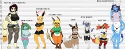 abs absol anthro arm_tattoo biceps big_breasts bikini bikini_bottom blonde_hair bodymarking bottomwear bound bra bracelet braixen breasts chart chubby_anthro chubby_belly chubby_female claws clothing cosmonaut digitigrade dragonair dyed-hair eevee eeveelution female fishnet fishnet_armwear fluffy fluffy_tail generation_1_pokemon generation_3_pokemon generation_6_pokemon goth group hair hand_on_hip hi_res hotpants huge_breasts ivysaur jewelry jolteon leaf leaf_hair legwear male minishorts miniskirt model_sheet mohawk muscular muscular_anthro muscular_female navel navel_piercing ninetales nintendo nipples paws piercing pink_nipples plant plant_hair pokémon_(species) pokemon pokemon_(species) pokemon_team pseudo_hair punk_hair raichu shirt short_hair short_stack shorts shortstack size_chart size_difference skirt slightly_chubby swimwear tail tail_tied taller_female tank_top tattoo tight_clothing tight_fit tights topwear torn_clothing translucent translucent_clothing underwear