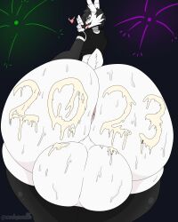 2022 2023 absurd_res anthro anus ass balls big_ass big_balls big_butt black_hair bodily_fluids clothing colossal_ass cum cum_on_butt eyewear femboy fingers fireworks genital_fluids genitals gigantic_ass glasses hair hi_res holidays huge_ass huge_balls huge_butt hyper hyper_ass hyper_balls hyper_butt hyper_genitalia lagomorph leporid male mammal new_year rabbit red_eyes solo stemingbunbun stemingbunbun_(character) thick_thighs thunder_thighs tongue tongue_out topwear white_body wide_hips