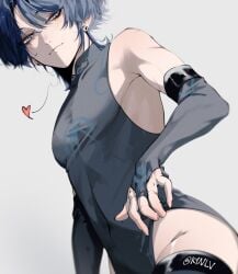 bishonen blue_eyes blue_hair bodysuit femboy genshin_impact girly hip_focus hips kynlv1 male male_only otoko_no_ko scaramouche_(genshin_impact) thick_thighs trap