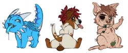 2019 ambiguous_gender anthro artist_logo backsack balls black_eye_(injury) blue_body blue_eyes blue_tongue blue_wings brown_body brown_fur brown_hair bruised canid cheek_spikes cheek_tuft chest_tuft chibi dated dessert doughnut doughnut_in_mouth dragon facial_spikes facial_tuft feral food food_in_mouth front_view fur genitals gesture glacius_draconian glistening glistening_eyes group hair horn leg_markings logo looking_at_viewer looking_back looking_back_at_viewer mammal markings membrane_(anatomy) membranous_wings middle_finger neck_tuft nude perineum rear_view red_hair riorix scales side_view simple_background sitting socks_(marking) spiked_tail spikes spikes_(anatomy) tan_body tan_fur tongue tongue_out trio tuft white_background white_body white_fur white_horn white_scales wings wounded