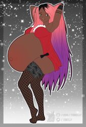 belly belly_inflation big_belly black_body black_skin christmas christmas_clothing clothing female hair hi_res holidays human hyper hyper_belly inflation legwear long_hair mammal not_furry pregnant smile solo stockings tattoo tenkelly