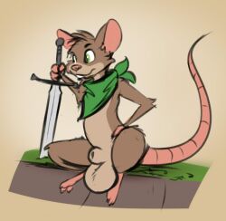 animal_genitalia anthro balls big_balls bizymouse_(character) emenius genitals male mammal melee_weapon mouse murid murine rodent sheath simple_background solo sword weapon