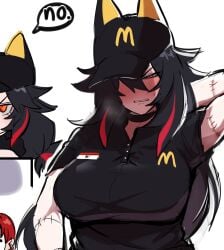 big_breasts fast_food_uniform hat k_(kurenaiz) kurenaiz1 mcdonald's oc stiches uniform