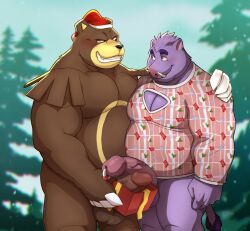 anthro balls bear blush brown_body brown_fur christmas christmas_clothing christmas_sweater christmas_topwear cleavage_cutout clothing dick_in_a_box duo erection frottage fur generation_2_pokemon genital_piercing genitals grin hi_res holidays humanoid_genitalia humanoid_penis looking_at_another male male/male mammal musclegut nintendo nude outside overweight overweight_anthro overweight_male penis penis_piercing piercing plant pokémon_(species) pokemon pokemon_(species) prince_albert_piercing purple_body purple_fur sex seyrmo smile suid suina sus_(pig) sweater teeth topwear tree tusks ursaring wild_boar