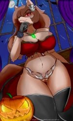 anthro athom bat big_breasts breasts canid canine canis clothing eyebrows eyewear fangs female food fruit genitals glasses glowing glowing_eyes halloween hi_res holidays legwear looking_at_viewer mammal moon navel night nipple_slip plant pumpkin pussy raised_eyebrow sara_(athom) solo stockings teeth window wolf