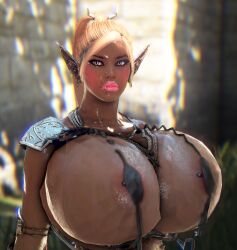 bdo bimbo black_desert_online cumdump dark-skinned_female dark_skin elf elves huge_breasts slavegirl slut tattoo udders