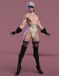 1boy 3d 3d_(artwork) blindfold bulge crossdressing femboy hdreamsproject high_heel_boots high_heels light-skinned_male light_skin male male_only nier nier:_automata nipples short_hair solo solo_male standing stockings thigh_boots trap white_hair yorha_2b_(cosplay) yorha_9s