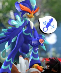 3d_(artwork) anseriform anthro avian balls beak bird blue_body blue_eyes blue_feathers bodily_fluids canid canine cum digital_media_(artwork) dominant dominant_male duo feathered_wings feathers fox gender_symbol gender_symbol_penetration generation_9_pokemon genital_fluids genitals hair hi_res imminent_anal imminent_sex male male/male male/male_symbol male_only male_symbol mammal nintendo nude open_mouth penis pinned_to_ground pokémon_(species) pokemon pokemon_(species) pokemon_sv precum quaquaval rose_bursyoji sexuality_symbol symbol thatfauxfox wings