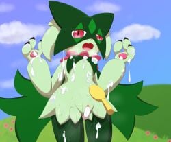 anthro blush bodily_fluids cum female finger_fuck fingering generation_9_pokemon genital_fluids genitals green_body hi_res meowscarada minami_(artist) nintendo open_mouth pokémon_(species) pokemon pokemon_(species) pokemon_sv purple_eyes pussy solo vaginal_penetration