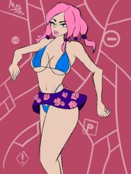 big_breasts green_eyes jojo's_bizarre_adventure jojo_pose jojolion koichi_pose malart miniskirt paisley_park pink_hair solo_female standing string_bikini yasuho_hirose