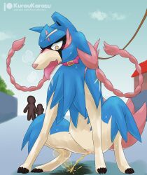 blue_body blue_fur bodily_fluids braided_fur building canid canine collar constricted_pupils crouching day faceless_character female feral fur generation_8_pokemon genital_fluids genitals group hero_of_many_battles_zacian hi_res house kurohane_karasu leash leash_and_collar legendary_pokemon mammal nintendo open_mouth outside peeing pokémon_(species) pokemon pokemon_(species) public_urination pupils pussy small_pupils solo_focus street sweat tan_body tan_fur tongue tongue_out trio urine yellow_eyes zacian