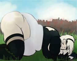 1girls ass bbw belly big_ass big_belly big_breasts blindfold breasts chubby fat female female_only hairband huge_belly hyper_belly light-skinned_female light_skin nier nier:_automata overweight short_hair solo solo_female thick_thighs thighhighs thrownspear white_hair yorha_2b