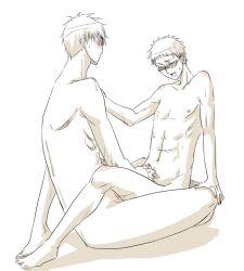 2boys bad_anatomy blush closed_eyes drool erection gay glasses handjob j.us junpei_hyuga kiyoshi_teppei kuroko_no_basuke male male_only monochrome nude open_mouth pubic_hair short_hair sitting yaoi