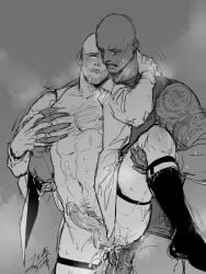 2boys anal anal_sex bald bald_man bara blush chest_hair deckard_shaw erection facial_hair fast_and_furious_(franchise) gay j.us legwear luke_hobbs male male_only monochrome muscular_male open_mouth socks standing_sex tears yaoi