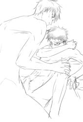 2boys anal erection gay glasses hand_on_leg j.us junpei_hyuga kiyoshi_teppei kuroko_no_basuke male male_only monochrome nude short_hair sketch yaoi